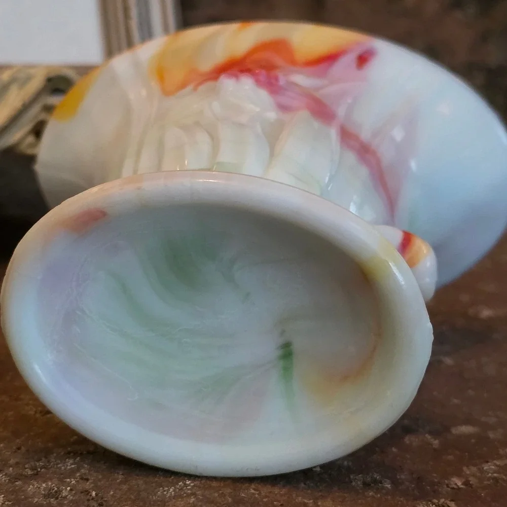 Vintage Akro Agate Slag Glass Cornucopia Vase Floral Lily Multi Color Swirl 4.5